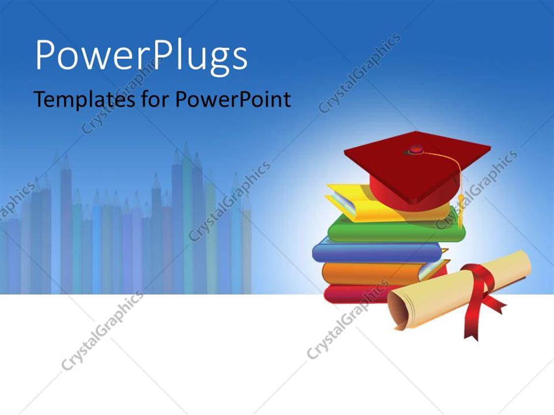 Powerpoint Template Five Multi Colored Books With A Red Graduation Cap And A Scroll 10734 Graduation Powerpoint Templates