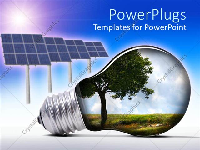Powerpoint Template Light Bulb With Tree And Grass Inside And Solar Panels Against Blue And Solar Energy Powerpoint Template