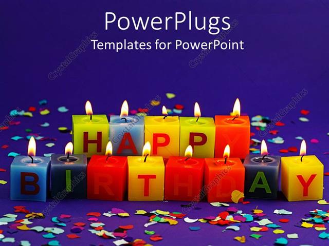 Powerpoint Template Lit Happy Birthday Candles And Rainbow Confetti On Purple Background 15647 Birthday Slideshow Templates