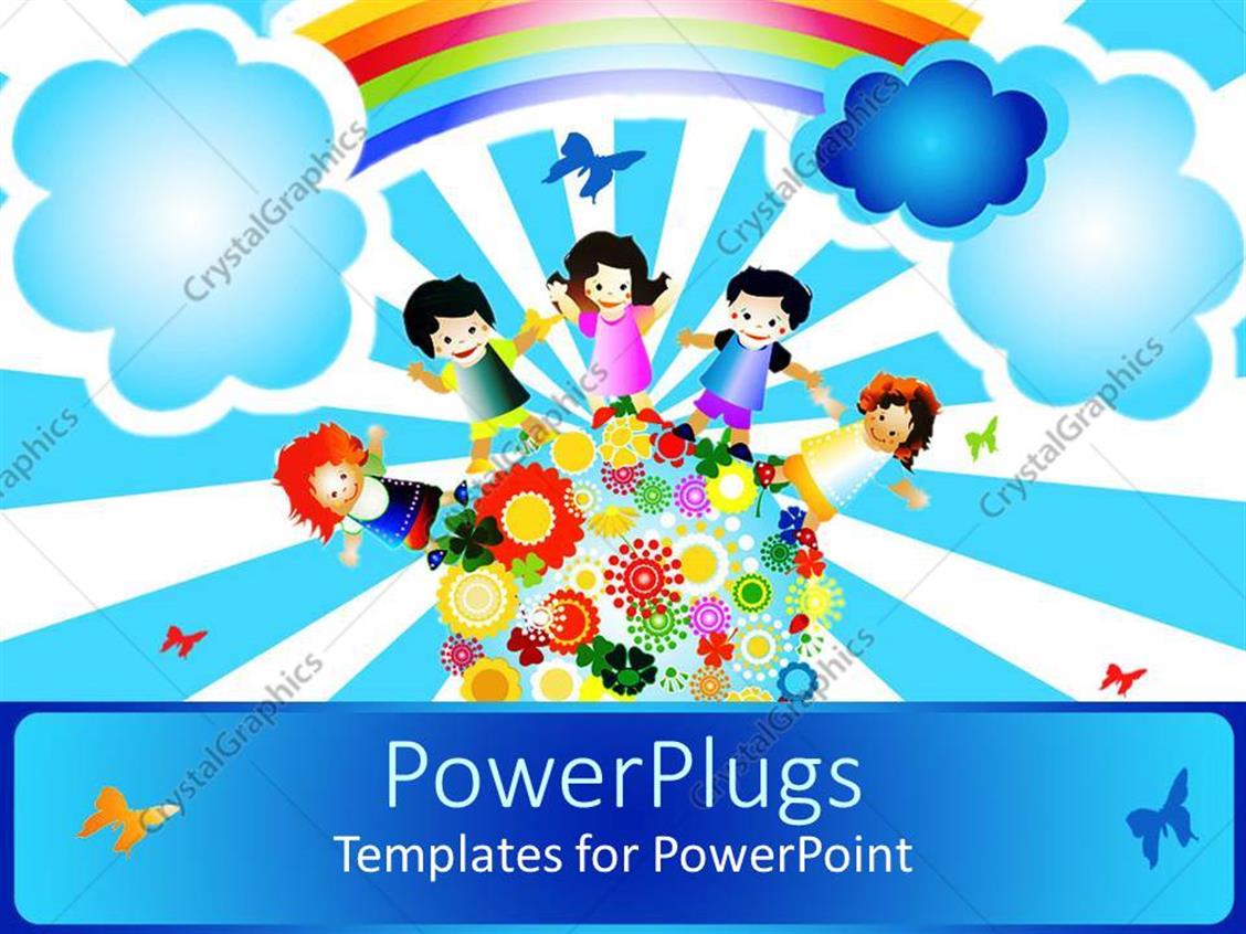 Powerpoint Template A Painting Of Four Happy School Kids Standing On An Earth With Flowers 15736 Powerpoint Templates For Children