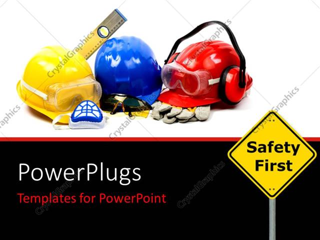Powerpoint Template Safety Gear Kit Close Up With Safety First Sign Board In Foreground 25556 Free Safety Powerpoint Templates