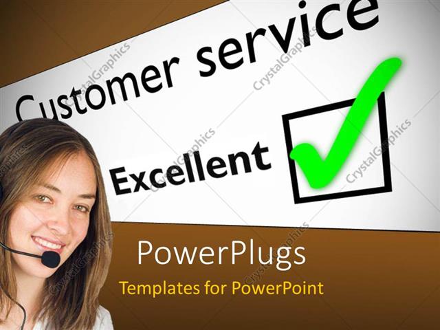 Powerpoint Template Smiling Woman Wearing Headset Next To Excellent Customer Service Feedback Customer Service Powerpoint Templates