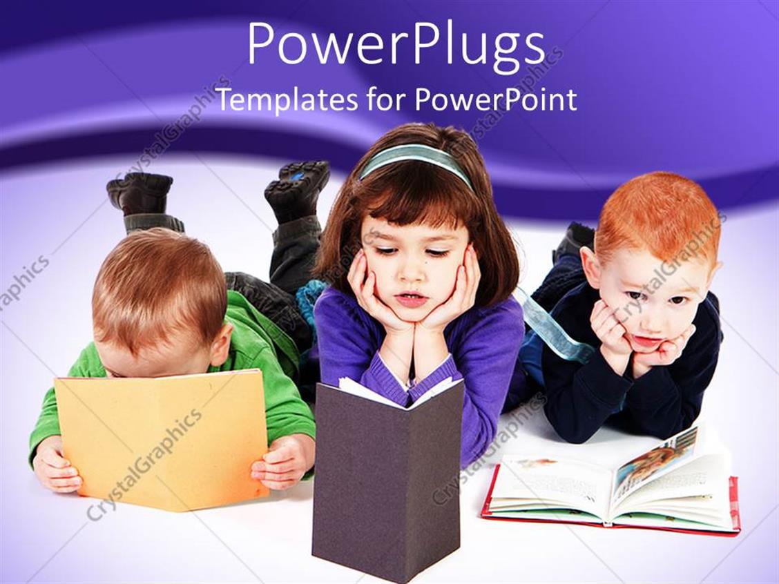 Powerpoint Template Three Young Pupils Reading Books On A White Floor 24552 Reading Powerpoint Template